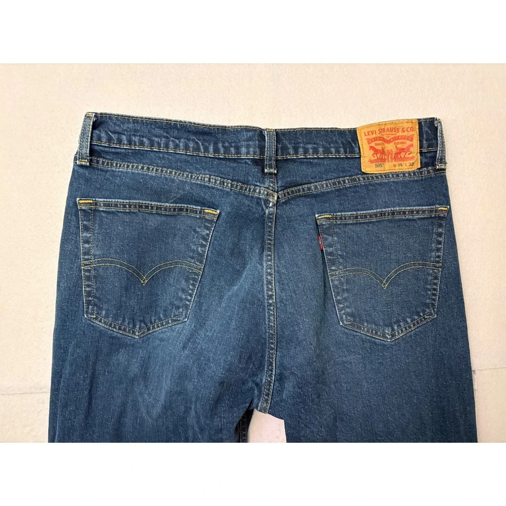 Levis 505 Regular Fit Jeans Mens 35x32 Dark Wash Blue Straight Leg Denim